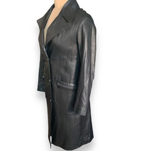 L’Univers Du Luxe Black Leather Longline Trench Coat Zipper Pockets Button Down - Picture 7 of 11